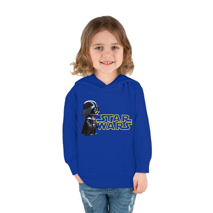 Kids Unisex Cute Darth Vader Star Wars Hoodie worn by a young girl, displaying an eye-catching Darth Vader design in a rich blue fleece, ideal for stylish toddlers aged 2-5.