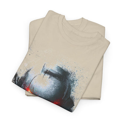 Neatly folded luxury t-shirts showcasing a captivating spray-paint helmet design with an artistic flair, perfect for casual or urban wear.