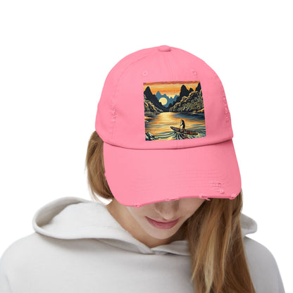 Unisex Distressed Paddleboarders Cap featuring a stunning fantasy design, perfect for stylish water adventures, showcasing a serene scene of paddleboarding at sunset.