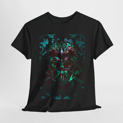 Luxury Star Wars Vader graphic t-shirt showcasing a stylized Darth Vader helmet design with vibrant teal and burgundy floral accents on a black background.