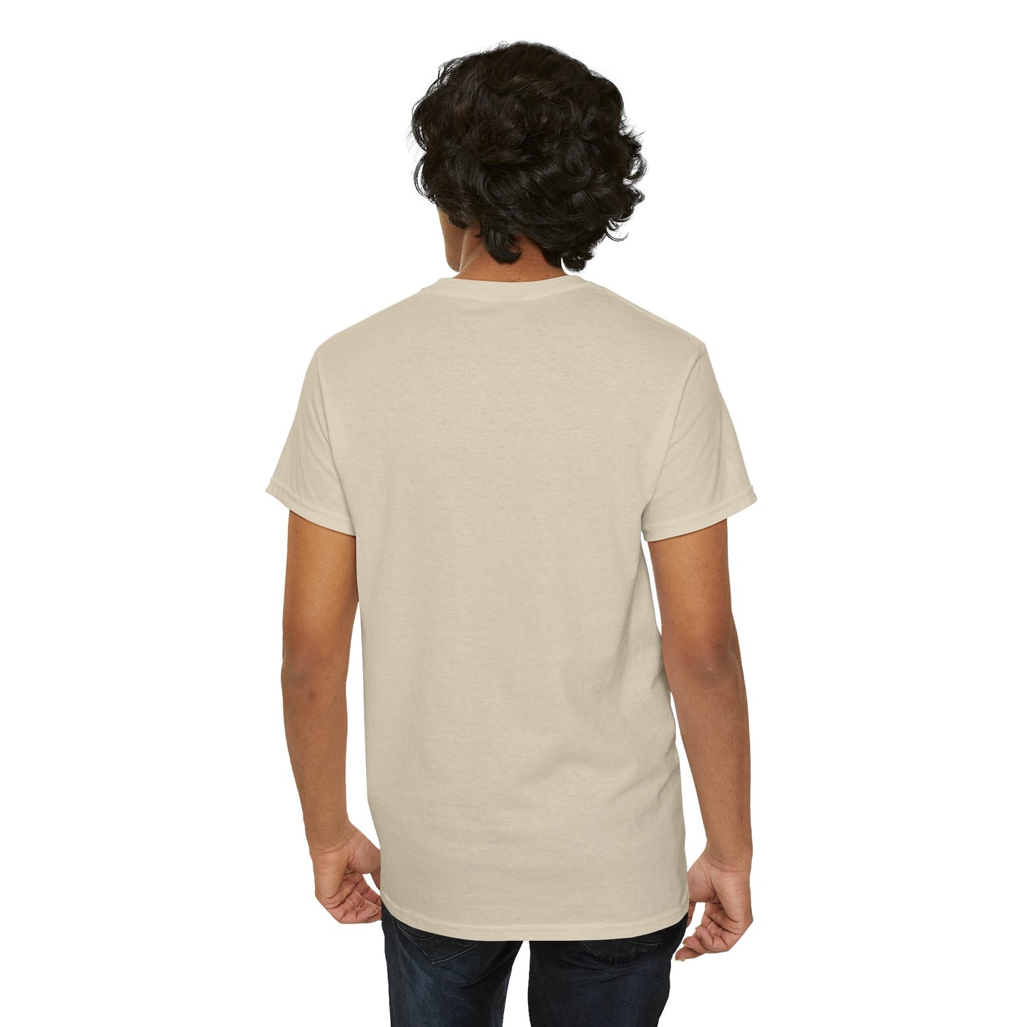Back view of a stylish model in a soft Dragon Ball Z T-shirt, highlighting the quality craftsmanship and minimalist aesthetic.