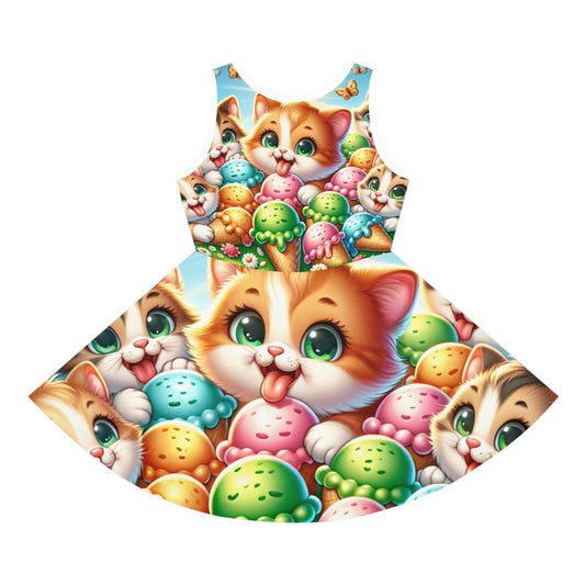 Lola Kensington Girls Summer Sundress adorned with charming playful kittens and colourful ice cream illustrations, perfectly blending artistry and comfort for stylish summer outings.