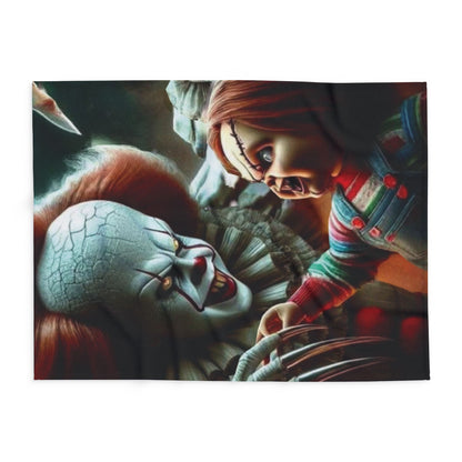 Artistic view of the Decorative and Warm Halloween Pennywise Chucky Arctic Fleece Blanket, highlighting intricate horror-themed designs.