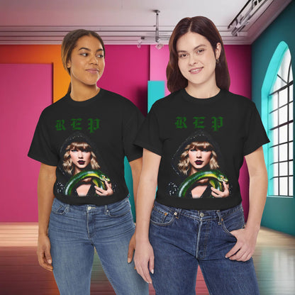 Elegant Taylor Swift Reputation Era t-shirt displaying a striking design with Taylor Swift in a glittery outfit featuring a vibrant green snake. Perfect for Swifties to showcase their love for the pop icon.