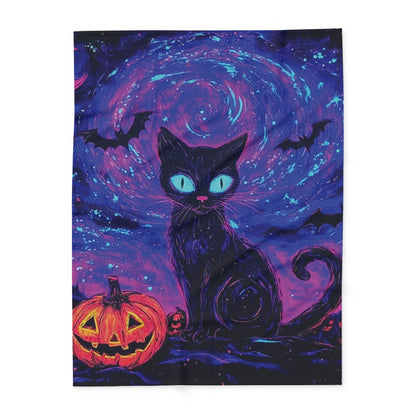 Luxurious Decorative and Warm Halloween Spooky Arctic Fleece Blanket featuring a whimsical black cat against a cosmic background with a jack-o'-lantern and bats, perfect for seasonal decor.