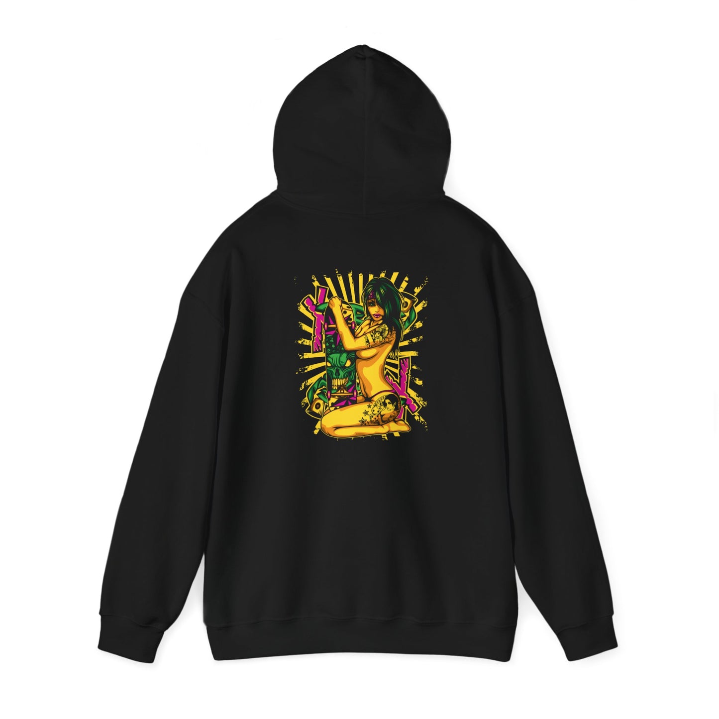 Luxury black hoodie featuring a vibrant pop art design on the back, showcasing a fierce woman with a skateboard, adorned with intricate tattoos and dynamic patterns, ideal for making a bold fashion statement.