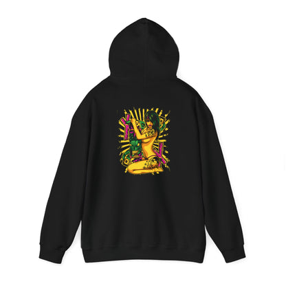 Luxury black hoodie featuring a vibrant pop art design on the back, showcasing a fierce woman with a skateboard, adorned with intricate tattoos and dynamic patterns, ideal for making a bold fashion statement.