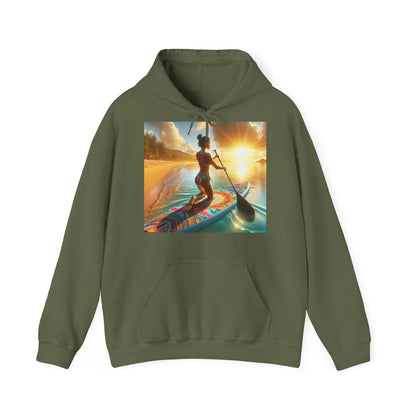 Fantasy Paddleboarding Unisex Hooded Sweatshirt featuring a vibrant paddleboarding design against a sunlit beach, perfect for adventurous spirits seeking comfort and style.