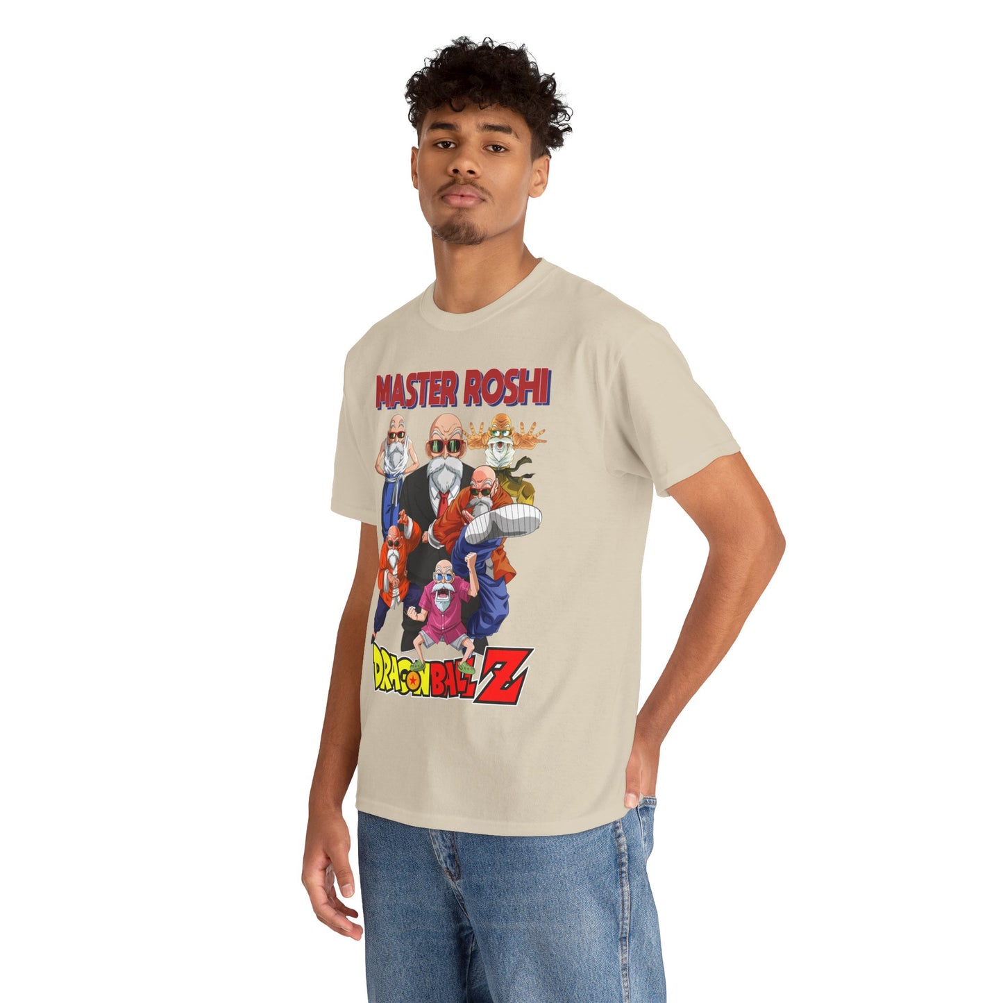Model wearing a Dragon Ball Z Master Roshi men's graphic T-shirt, featuring vibrant anime artwork, perfect for casual or streetwear style.
