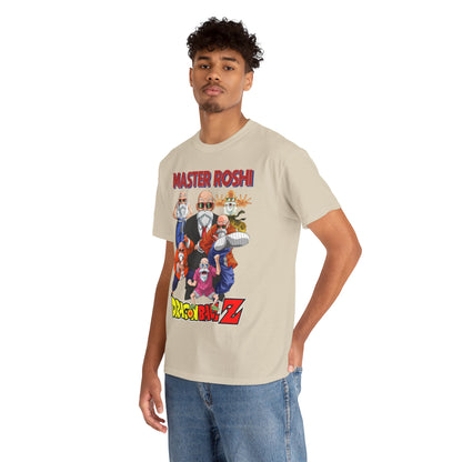 Model wearing a Dragon Ball Z Master Roshi men's graphic T-shirt, featuring vibrant anime artwork, perfect for casual or streetwear style.