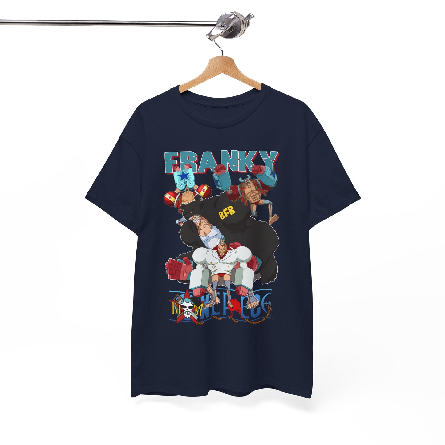 Luxurious navy blue t-shirt featuring dynamic anime-inspired graphic art of characters, labelled 'FRANKY', elegantly displayed on a wooden hanger in a minimalist setting.