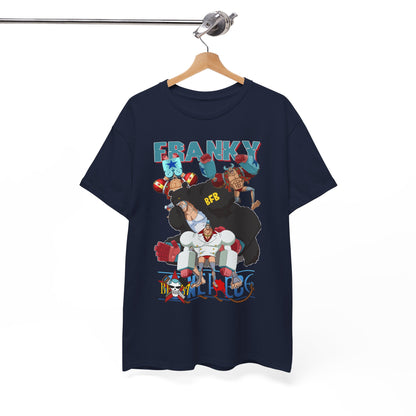 Luxurious navy blue t-shirt featuring dynamic anime-inspired graphic art of characters, labelled 'FRANKY', elegantly displayed on a wooden hanger in a minimalist setting.