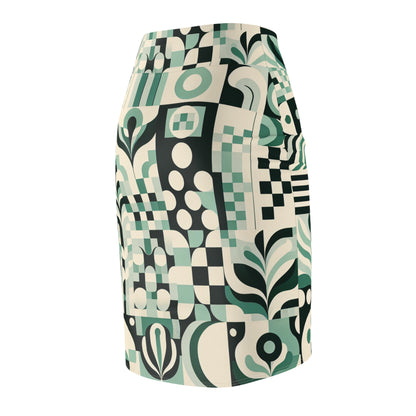 Model showcasing an elegant pastel green pencil skirt with artistic checkerboard and organic designs, by Dazzling Dreams Studio.