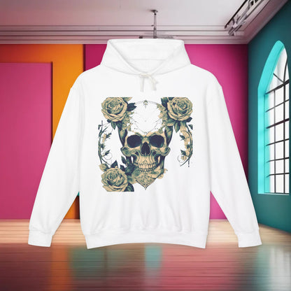 Unisex Lightweight Hooded Sweatshirt in white, featuring unique designer skull and roses artwork, elegantly presented in a contemporary setting.