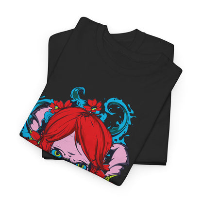 Luxurious men's artistic t-shirt featuring a vibrant skull design with striking red hair and floral elements, elegantly draped on a classic black background.