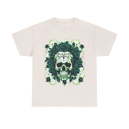 Skulls and Roses Cotton Tee in light cream, showcasing intricate skull and rose designs in a vibrant steampunk style.