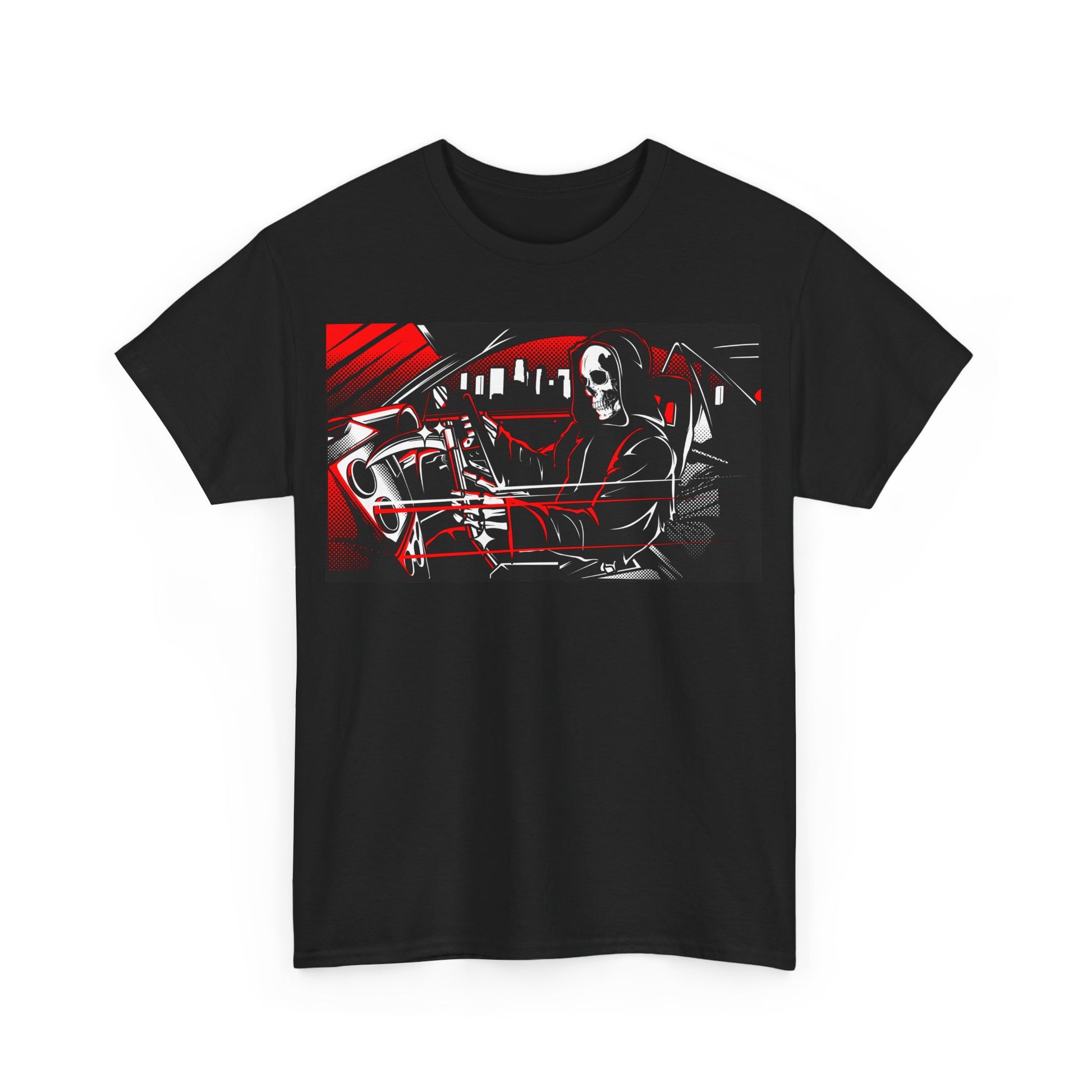 Men's black t-shirt featuring an eye-catching dark hooded scythe graphic design, displaying an enigmatic character in a luxurious car setting.
