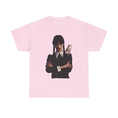 Chic unisex graphic tee depicting the iconic Wednesday Addams with Thing, perfect for adding a touch of whimsy to any ensemble.