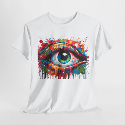 Luxury unisex t-shirt featuring the 'Visionary Drip' graphic design, showcasing a vividly coloured eye motif on a pristine white background, embodying high-end artistry and creative expression.