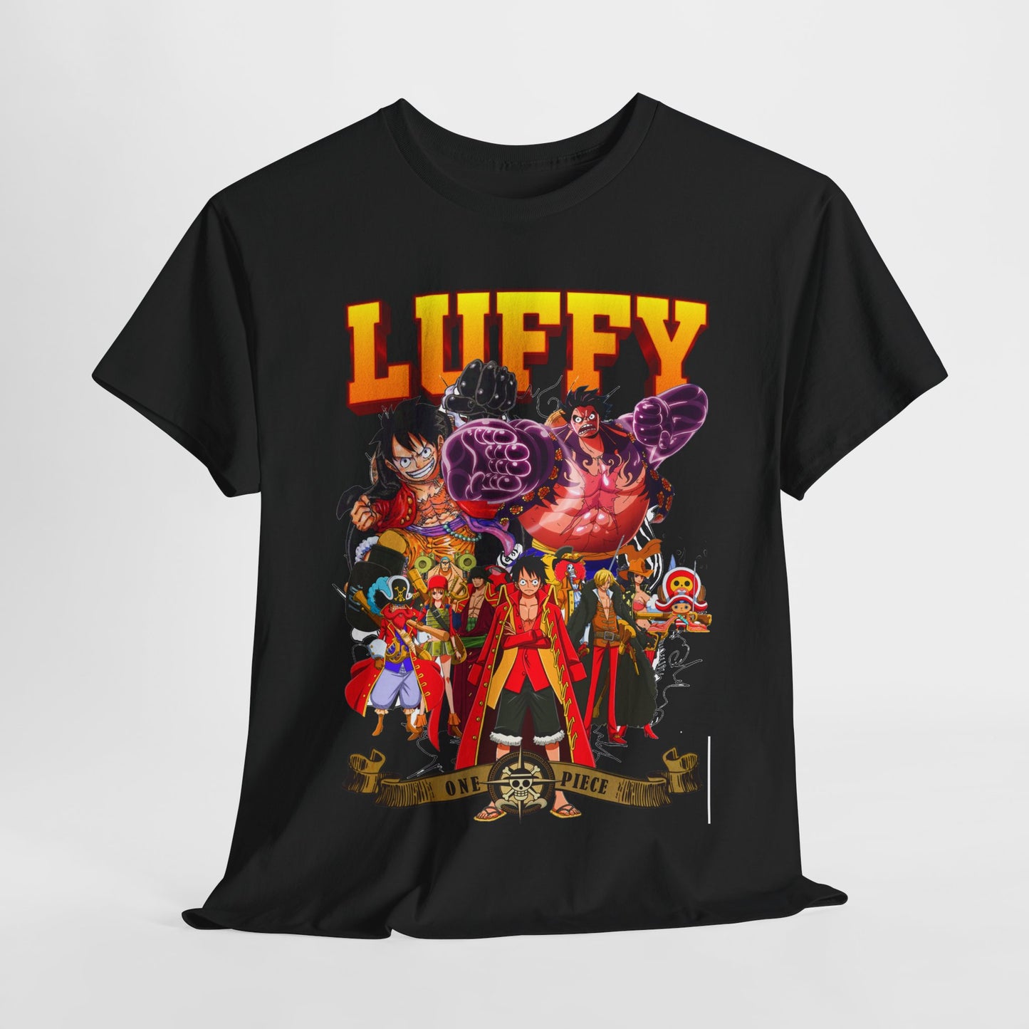 Luxurious black t-shirt featuring an intricate One Piece graphic with Luffy and friends, ideal for anime fans seeking stylish apparel.