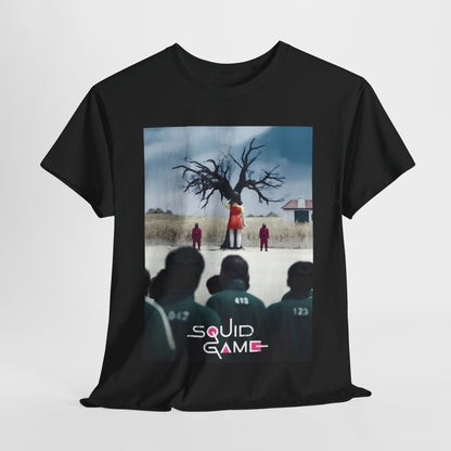 Squid Game Unisex Men´s Women´s Graphic Cotton Funny T Shirt featuring a striking design inspired by the popular series, showcasing a chilling scene with a tree and participants in a dramatic setting.