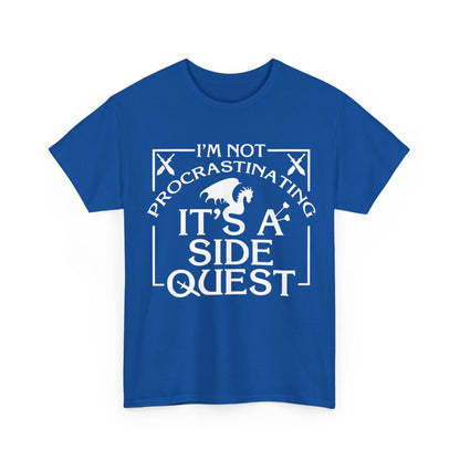 Luxury unisex graphic tee in royal blue showcasing the statement 'It's A Side Quest' with a dragon and sword design, perfect for adventurous souls who appreciate medieval art.