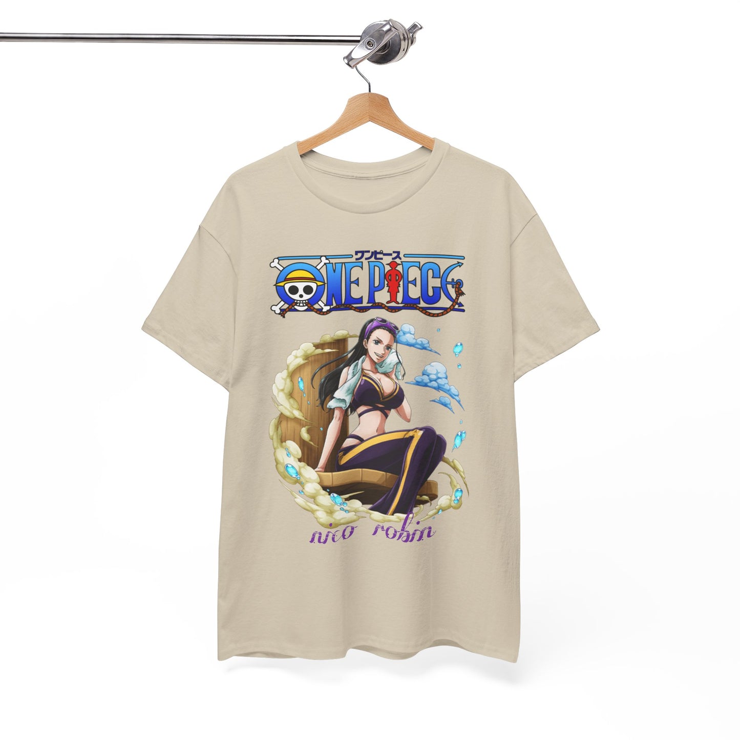 Elegant hanging display of a premium beige t-shirt showcasing Nico Robin from One Piece, combining fashion with anime culture in a striking design.