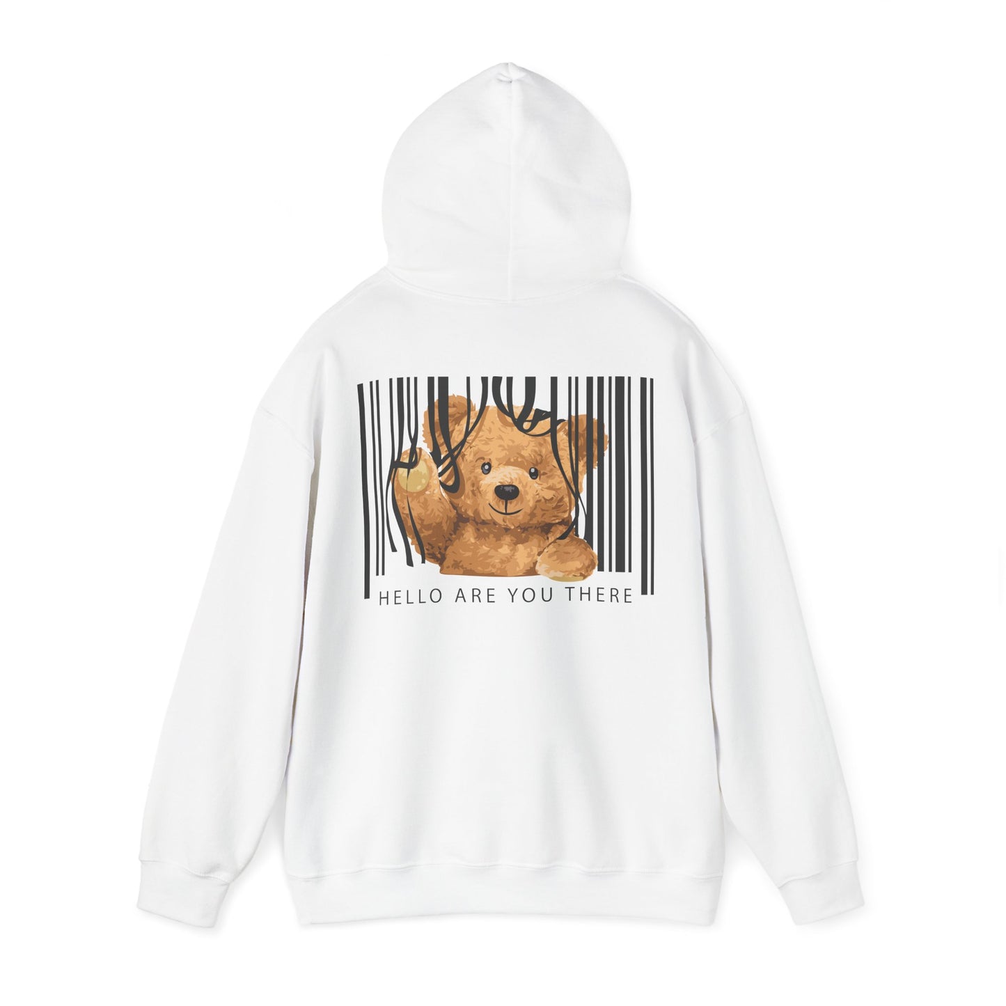 Stylish white hoodie with an enchanting illustration of a teddy bear within a modern barcode. The bear's delightful grin and the text 'HELLO ARE YOU THERE' evoke a sense of warmth and whimsy.