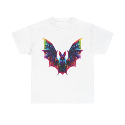 Radiant Evolution Bat Tee - A luxurious unisex cotton t-shirt featuring a vibrant stylised bat design in rainbow hues, captured on a pristine white fabric.