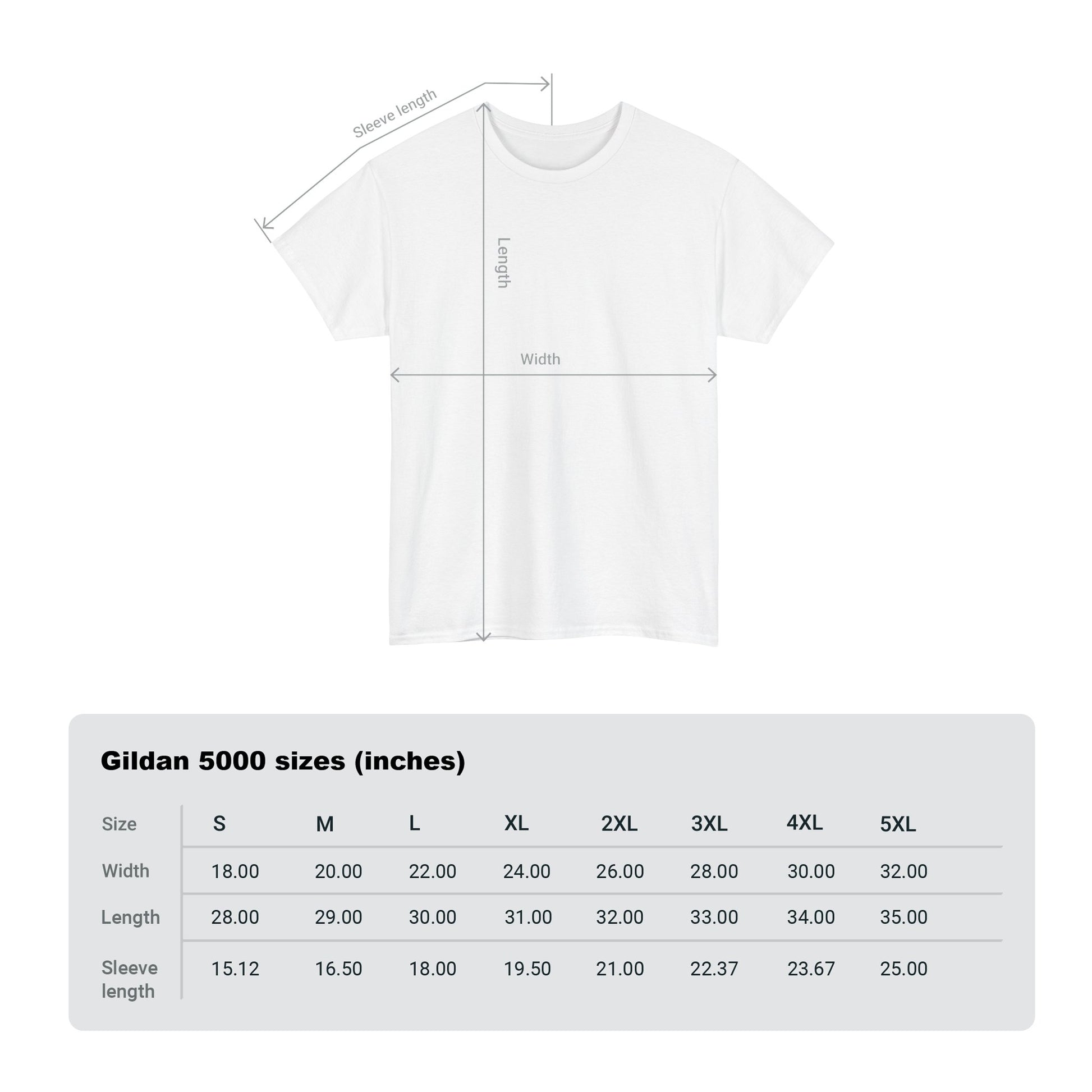 Illustration of the sizing chart for Gildan 5000 t-shirt, featuring dimensions for a perfect fit, emphasizing comfort and quality.