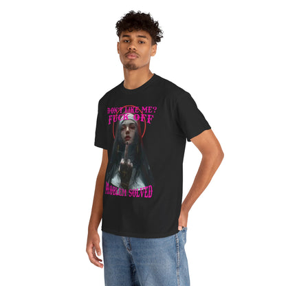 Model confidently showcasing a striking black T-shirt with a gothic nun graphic and provocative text, embodying urban street style.