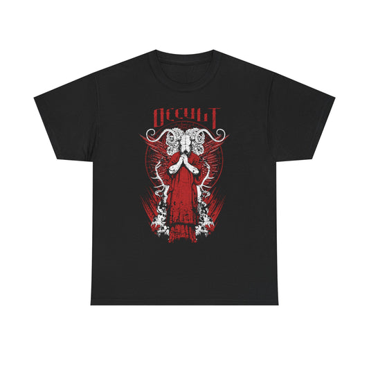 Elegant black graphic t-shirt showcasing a captivating occult theme with a majestic figure in a red robe, complemented by intricate horned motifs and bold symbolism.