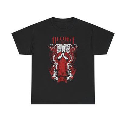 Elegant black graphic tee showcasing a detailed occult illustration of a regal figure in a red robe with prominent horns, embodying an aura of mystery and dark enchantment.