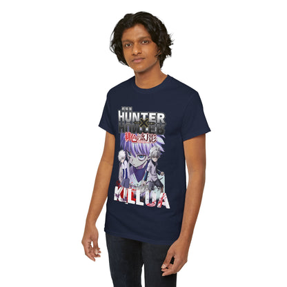 Chic model posing in a navy blue Hunter x Hunter graphic t-shirt, showcasing a dynamic design featuring Killua, perfect for anime enthusiasts seeking luxury fashion.