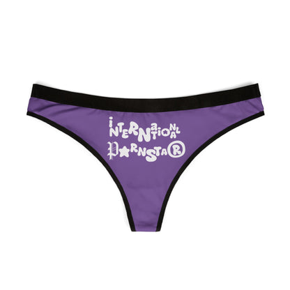 Luxurious purple thong showcasing the unique 'International Star' graphic, ideal for fashion-forward women desiring a blend of comfort and sophistication in their lingerie.