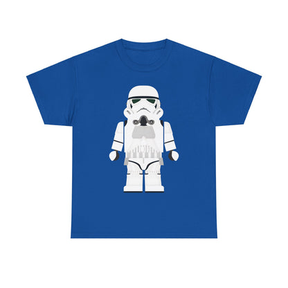 Galactic Icons LEGO Stormtrooper T-Shirt - Luxurious unisex graphic tee in vibrant blue displaying a charming LEGO Stormtrooper motif.