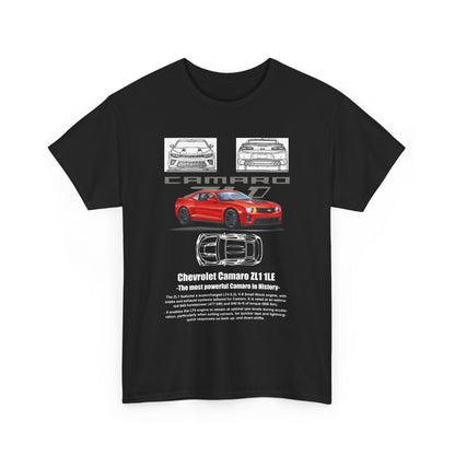 Men's Chevrolet Camaro ZL1 1LE T-Shirt in black, adorned with a vivid red Camaro graphic and architectural sketches, symbolising luxury and a passion for performance.