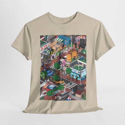 Luxurious Squid Game inspired unisex graphic cotton t-shirt featuring a vibrant urban scene, ideal for fashion-forward individuals.