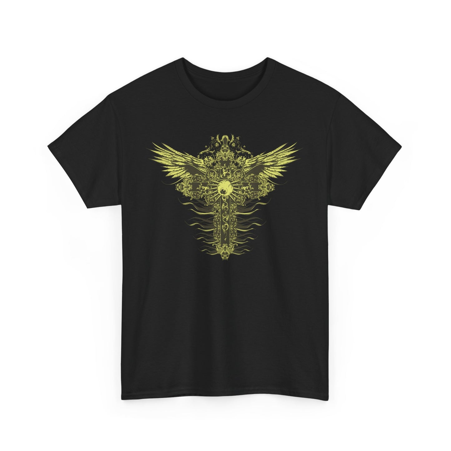 Luxurious black men's t-shirt featuring an ornate yellow-gold graphic design of a cross with stylized wings, exuding elegance and artistry.