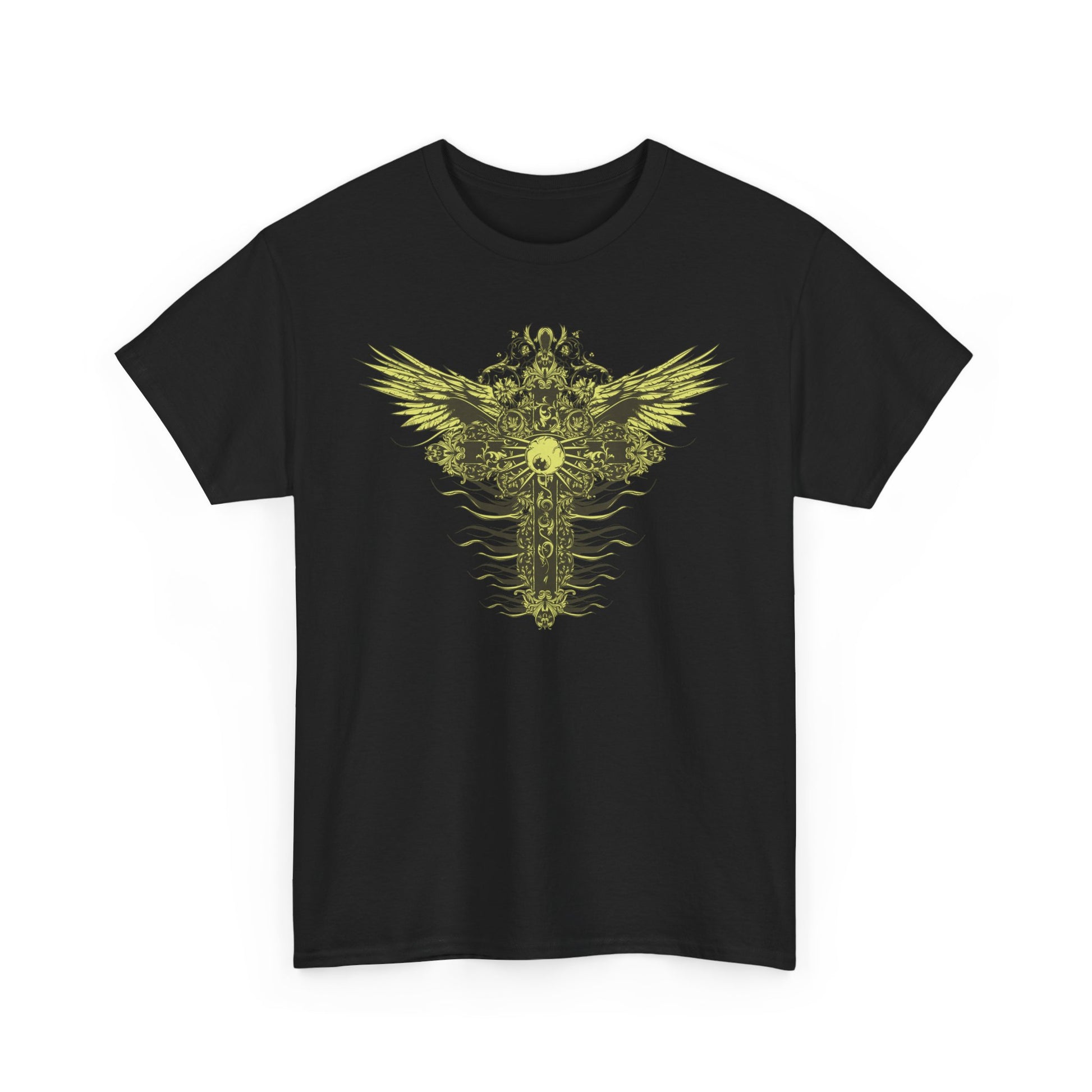 Luxurious black men's t-shirt featuring an ornate yellow-gold graphic design of a cross with stylized wings, exuding elegance and artistry.