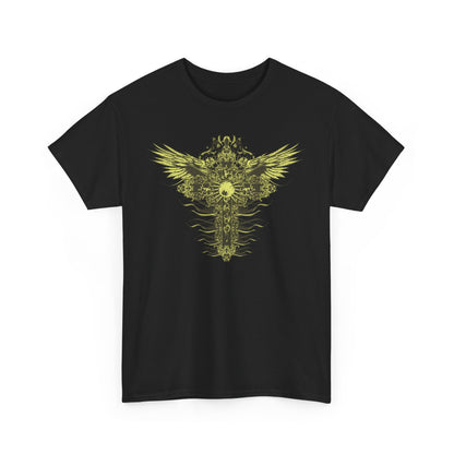 Luxurious black men's t-shirt featuring an ornate yellow-gold graphic design of a cross with stylized wings, exuding elegance and artistry.