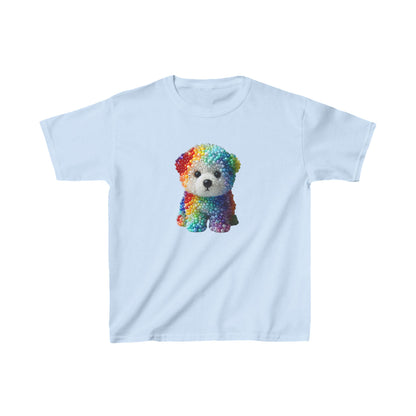Luxurious unisex kids beaded dog cotton T-shirt tee in light blue, featuring an artistic rainbow beaded dog illustration.