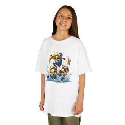 Minions T-Shirt Kids Despicable Me Banana Yellow Graphic Tee Boys Girls Unisex, worn by a smiling child, showcasing the vibrant Minions splash design. T Shirt, Funny, Minions.