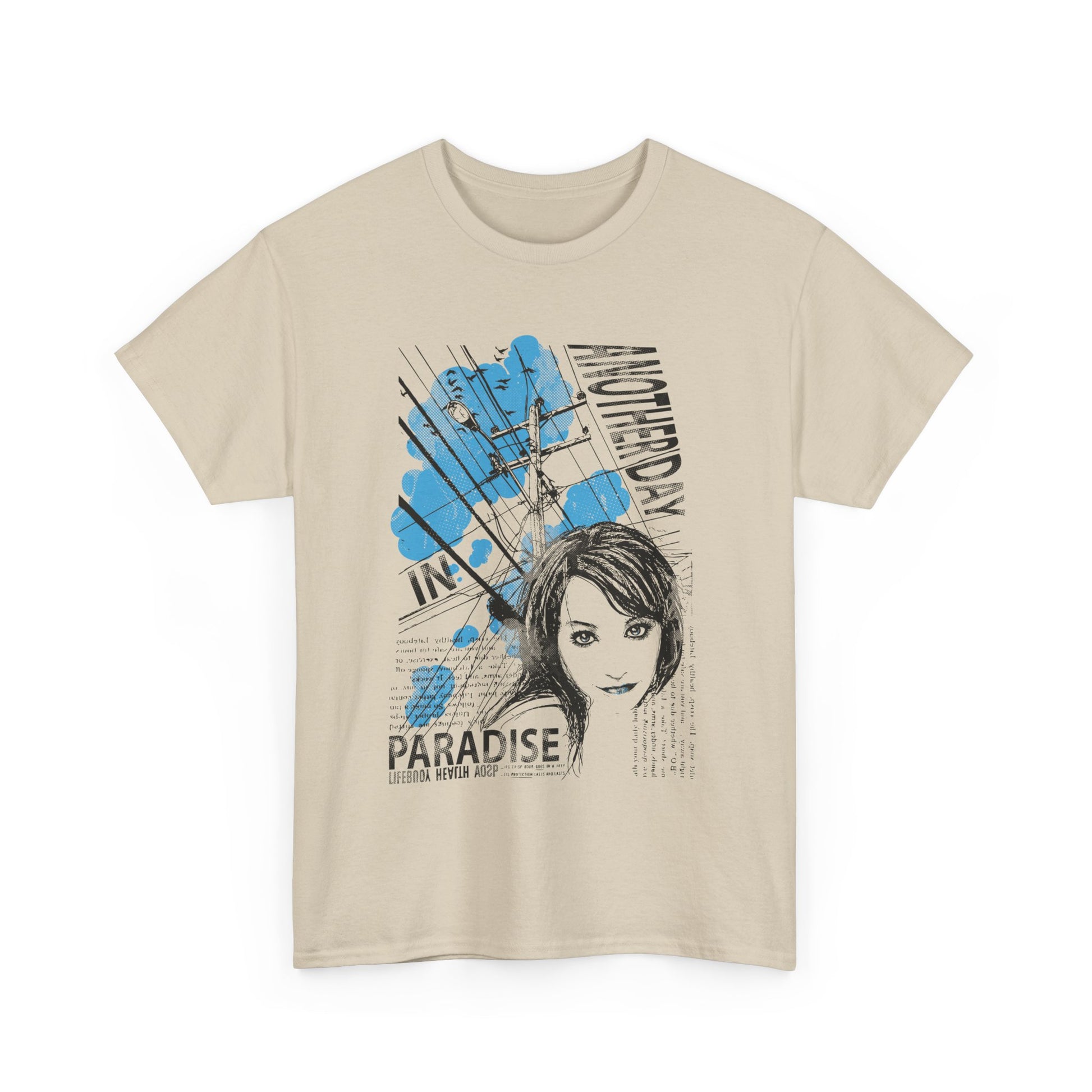 Chic beige t-shirt adorned with an eye-catching illustration, combining art and fashion for effortless elegance.