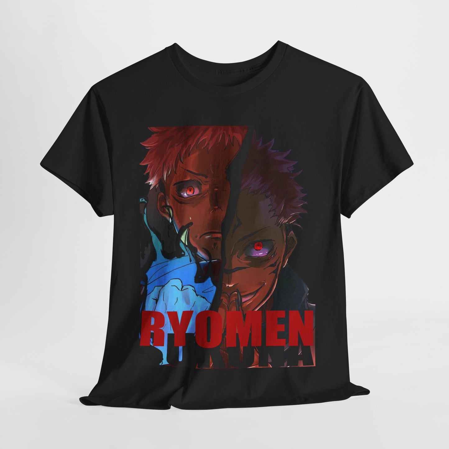 Stylish black Ryomen Sukuna anime t-shirt elegantly laid out, featuring a dynamic illustration of two fierce characters, perfect for making a sophisticated fashion statement.