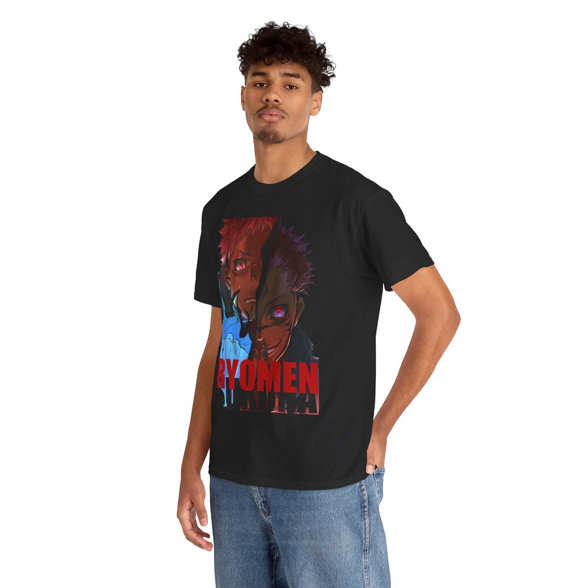 Fashionable male model wearing a black Ryomen Sukuna anime graphic t-shirt, featuring vibrant character artwork, perfect for anime enthusiasts.