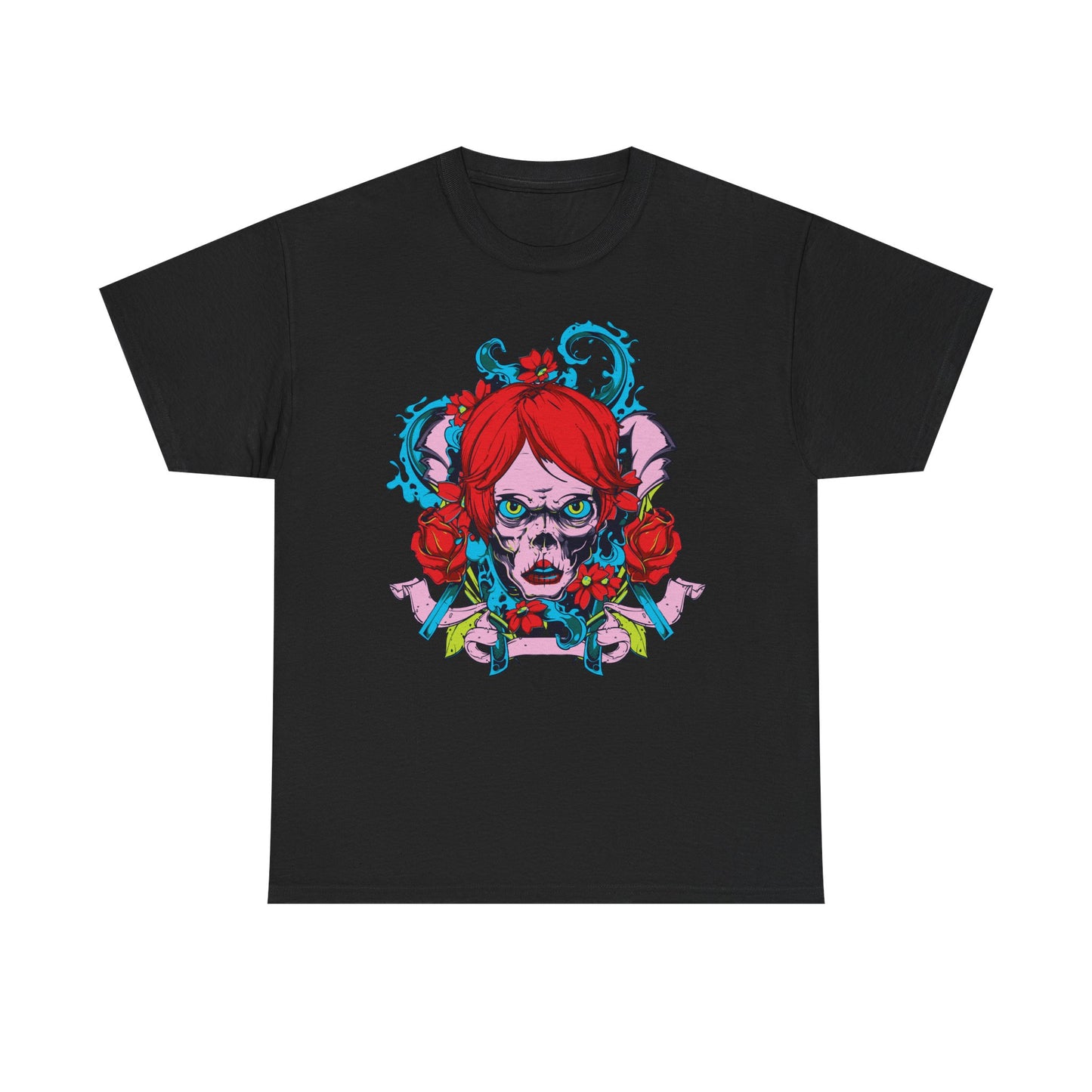 Luxurious men's artistic t-shirt in black showcasing striking skull design adorned with vivid red hair, floral accents, and decorative ribbons, ideal for edgy, sophisticated attire.