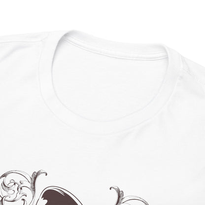 Close-up view of a luxurious Men's Zombie Graphic T-Shirt neckline, highlighting high-quality fabric and unique baroque graphic details.
