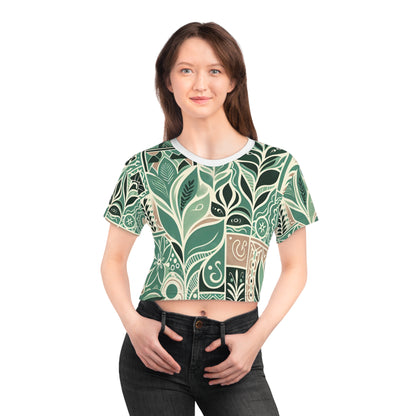 Vibrant Modern Pattern Crop Top by Dazzling Dreams Studio featuring block prints and organic shapes in elegant pastel green, perfect for chic summer styling.