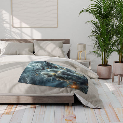 Chic Decorative and Warm Halloween Spooky Arctic Fleece Blanket beautifully spread across a bed, highlighting an enchanting ghostly artwork that brings luxury to Halloween decorations.
